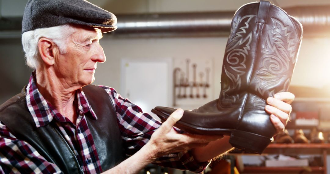 Senior Shoemaker Examining Handmade Cowboy Boot in Workshop - Free Images, Stock Photos and Pictures on Pikwizard.com