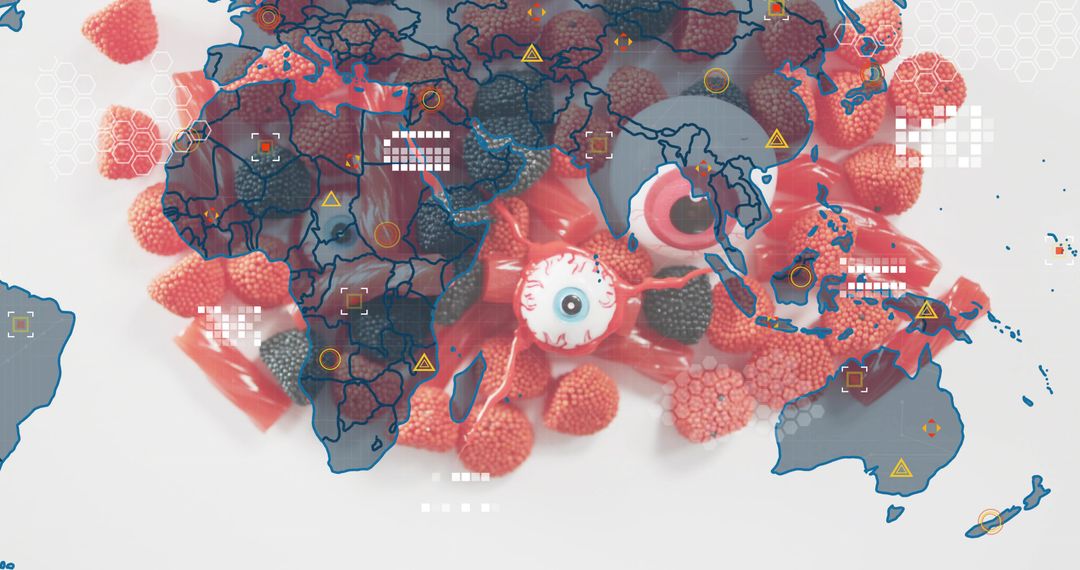 Red and Pink Candy Cluster Eyeball Confections Overlaid with World Map and Infographic