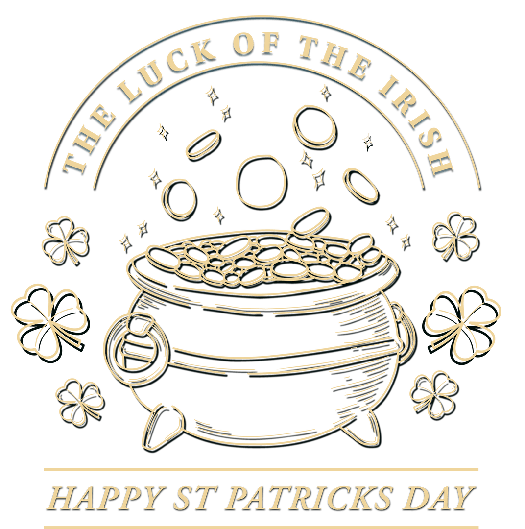 Transparent Line Art of Irish Luck Cauldron with Coins and Shamrocks