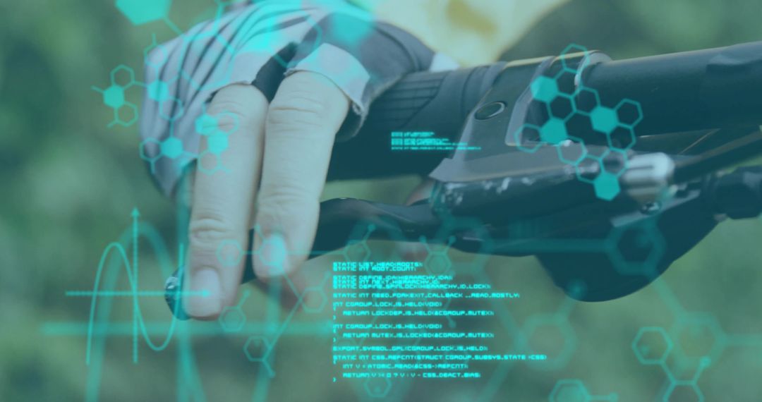 Gloved cyclist gripping brake lever with augmented HUD overlay showing biometric data