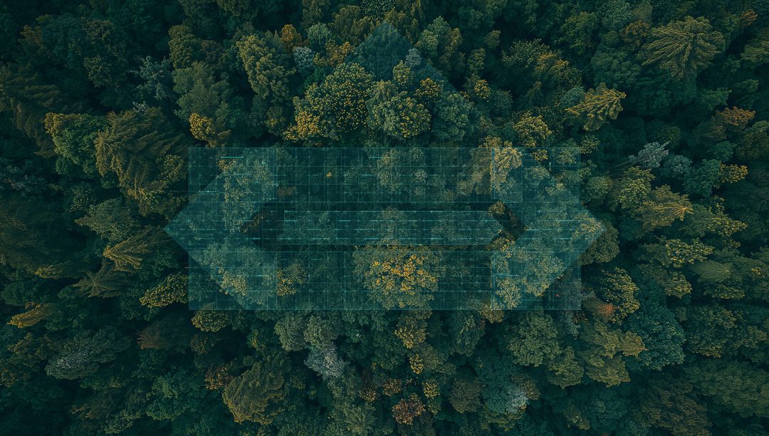 Teal Holographic Grid Hovering Over Drone View of Dense Forest Canopy, Environmental Tech