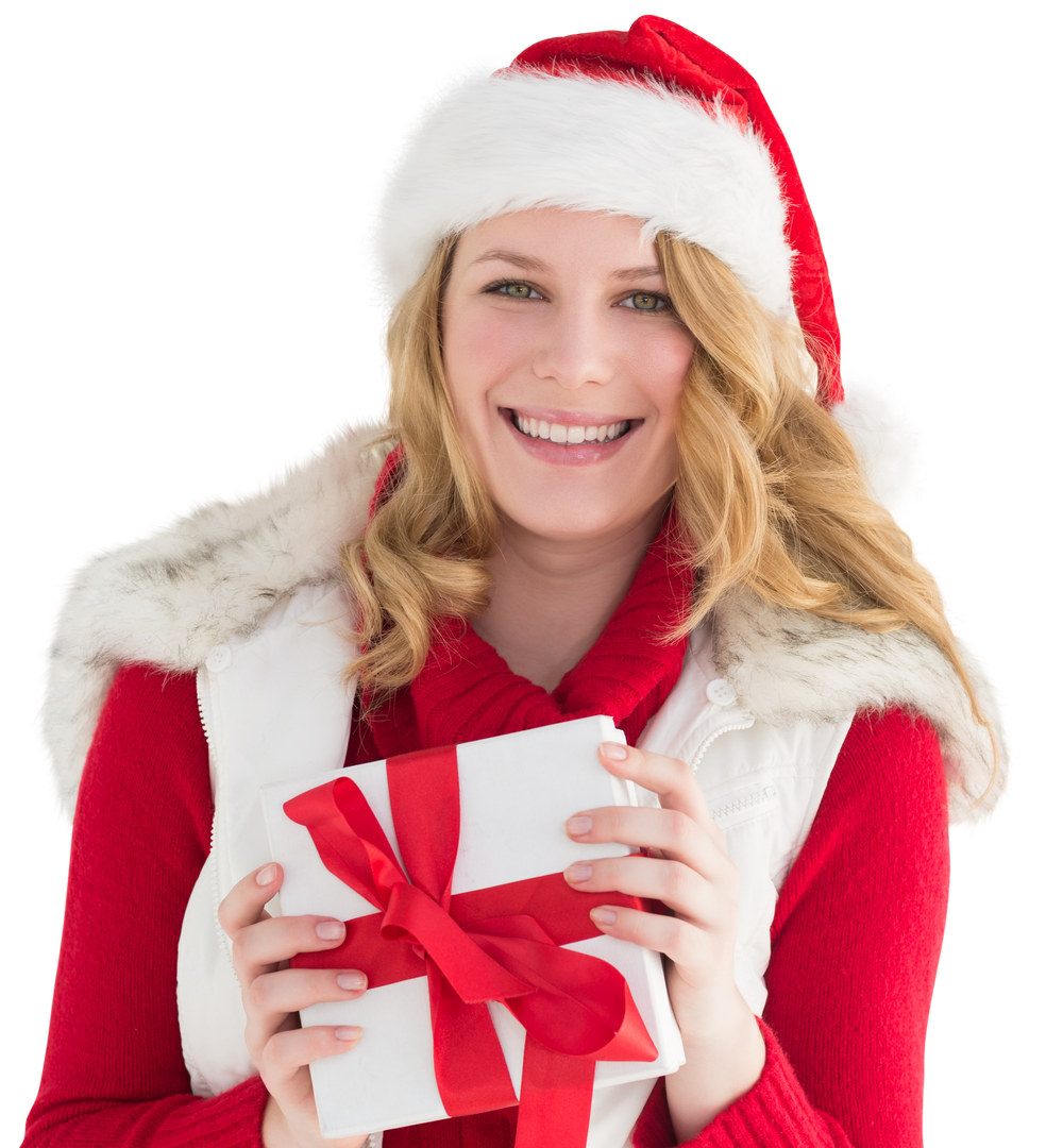 Smiling Young Woman in Santa Hat Holding Gift with Red Ribbon - Transparent - Download Free Stock Images Pikwizard.com