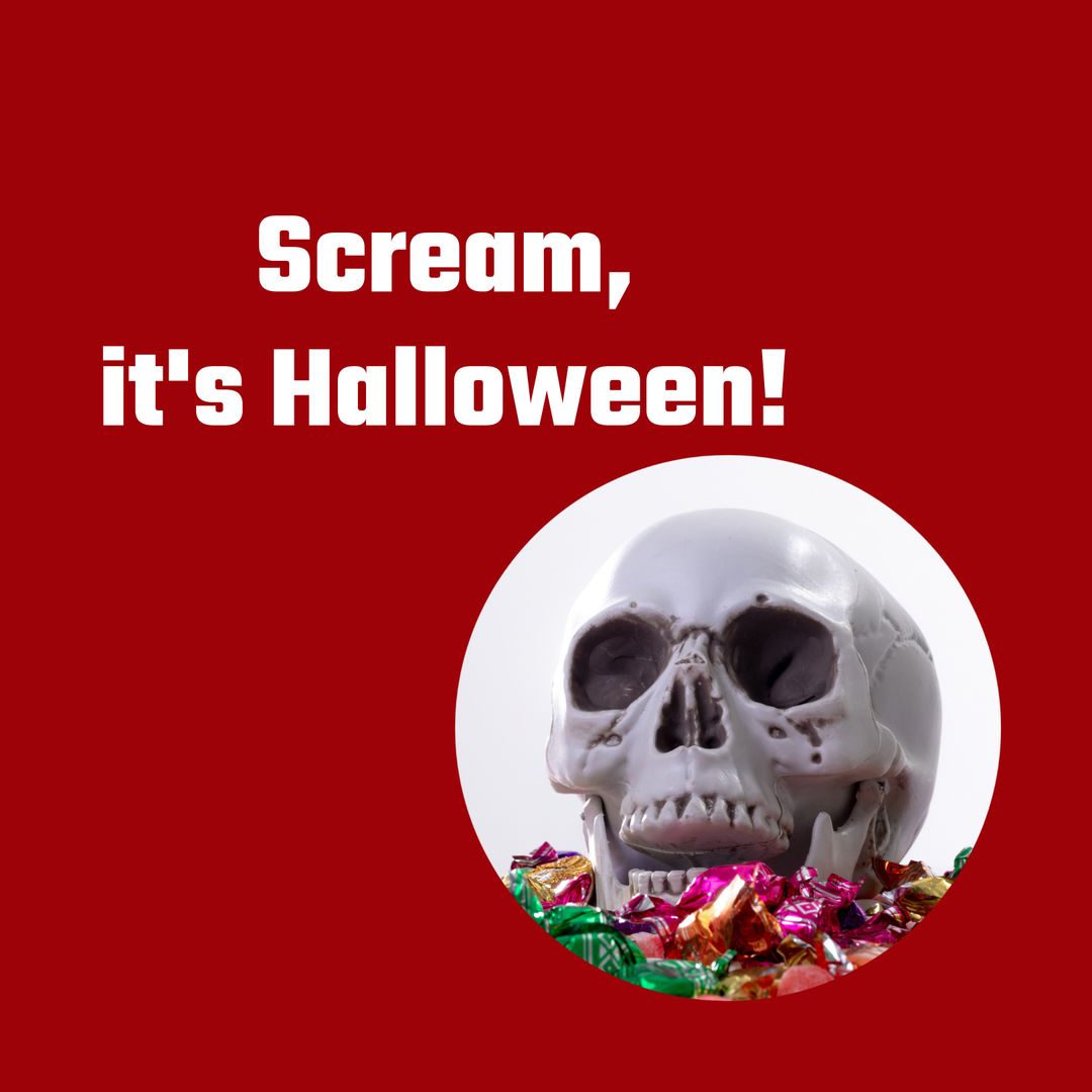 Halloween Skull with Candy and Spooky Text on Red Background