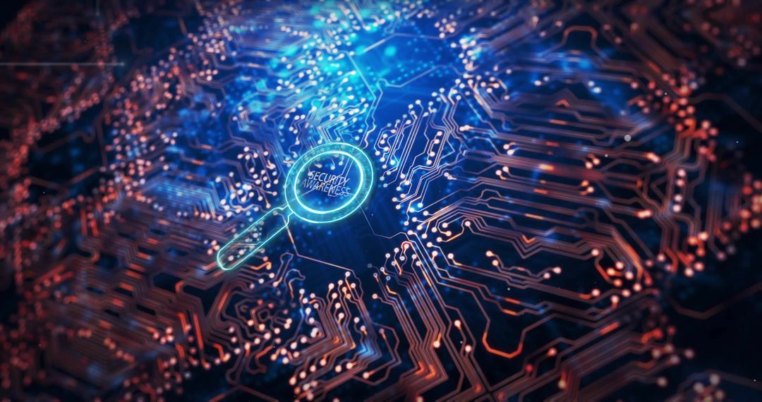 Cybersecurity Concept with Circuit Board and Magnifying Glass