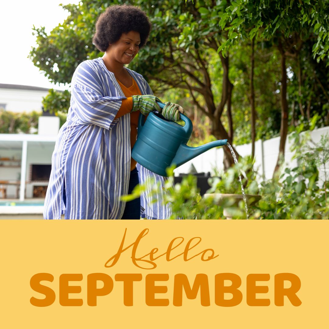 Hello September: Joyful Woman Gardening with Watering Can