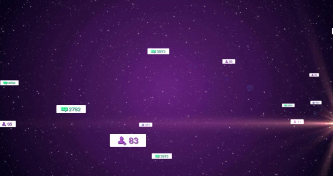 Floating social notifications across purple starfield interface with user count badge