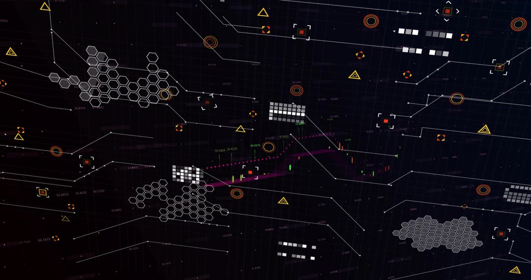 Futuristic Network Dashboard Showing Hex Cluster Mapping and Candlestick Trading Analytics