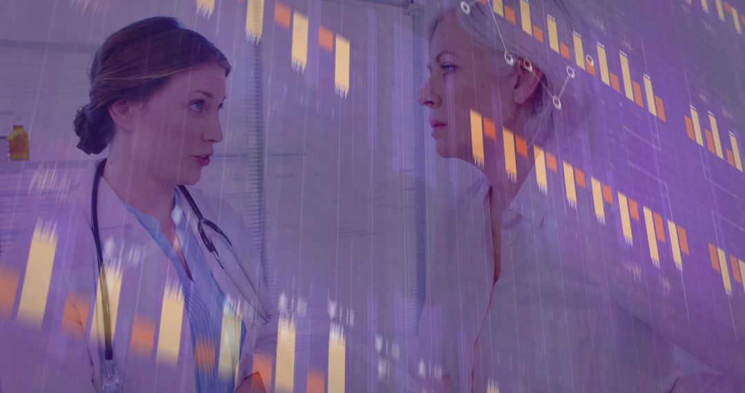 Doctor Consulting with Patient While Reviewing Digital Health Charts Overlay for Diagnosis