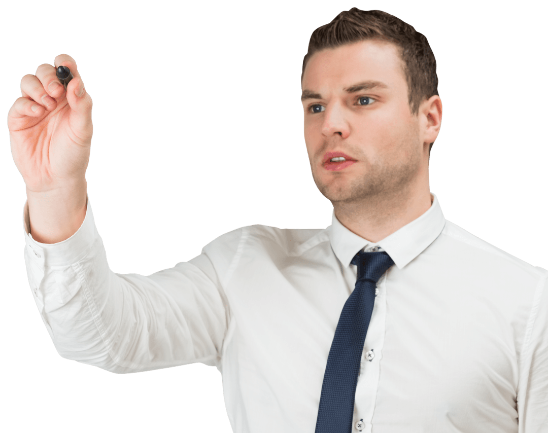 Serious Businessman Writing Transparent Screen Concept