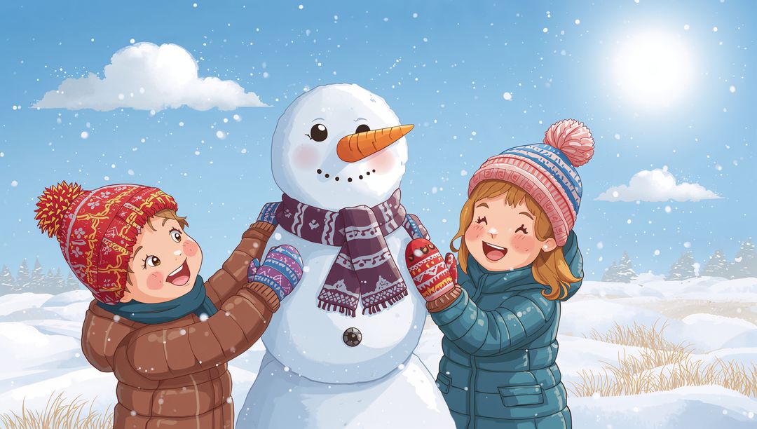 Children Decorating Snowman on Sunny Snowy Meadow, Smiling Winter Play and Friendship