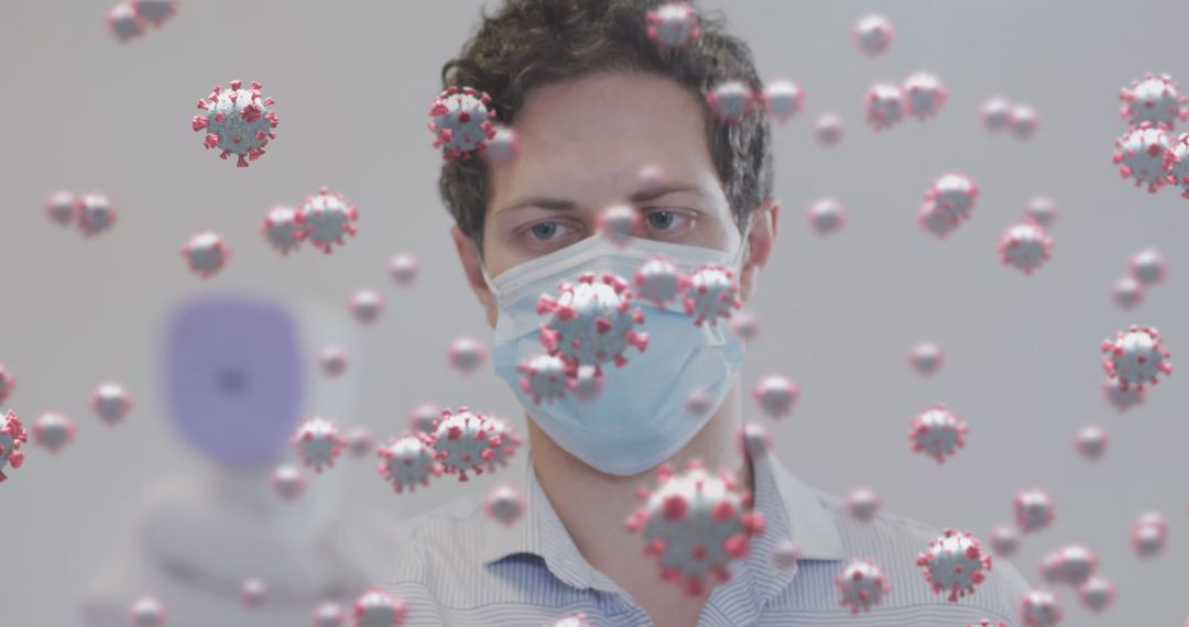 Healthcare Worker with Digital Thermometer Surrounded by Floating Virus Particles