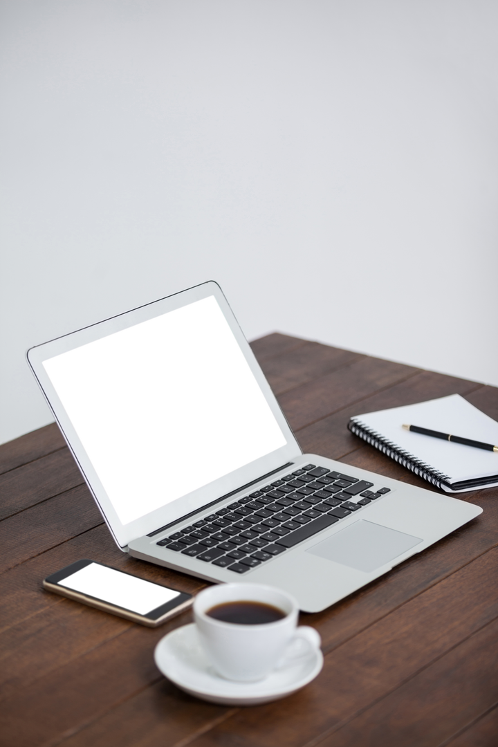 Transparent Workspace with Laptop, Coffee and Stationery on Wooden Desk - Download Free Stock Images Pikwizard.com