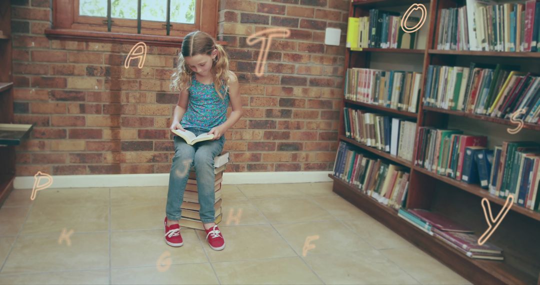 Girl Reading Tall Book Stack in Cozy Library