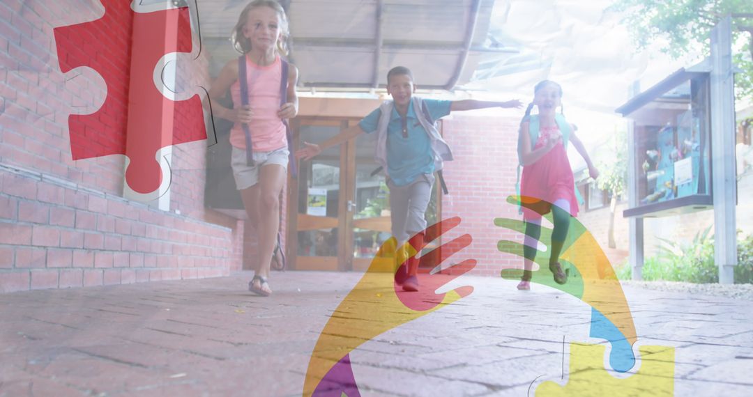 School Children Running with Puzzle Ribbon Overlay for Autism Awareness