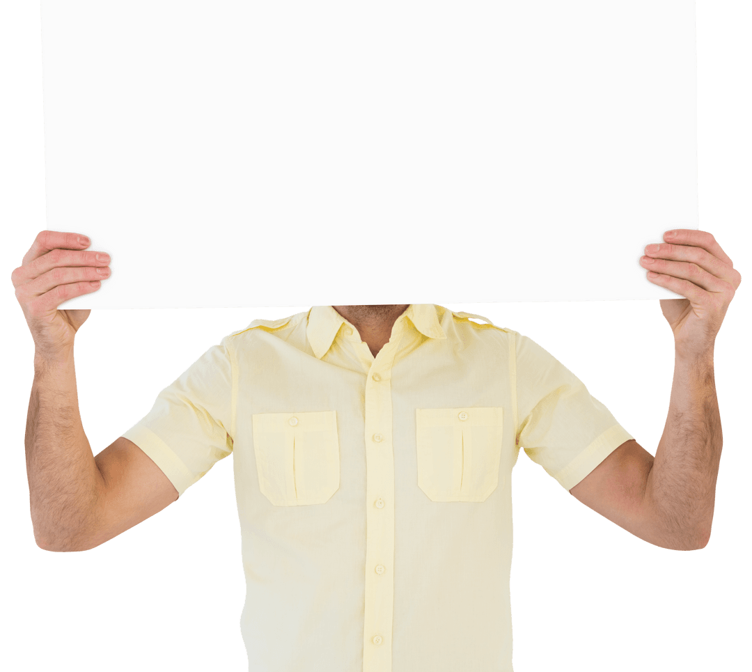 Man Holding Large Blank Transparent Card Covering Face
