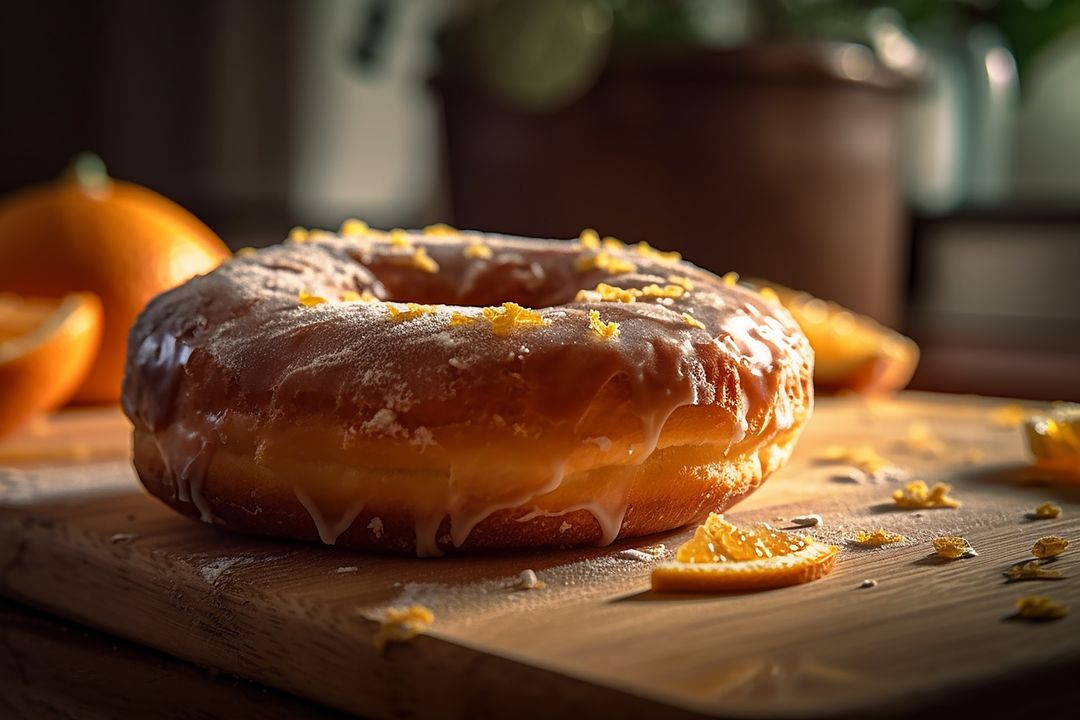 Glazed Orange Donut on Wooden Surface with Zest Topping