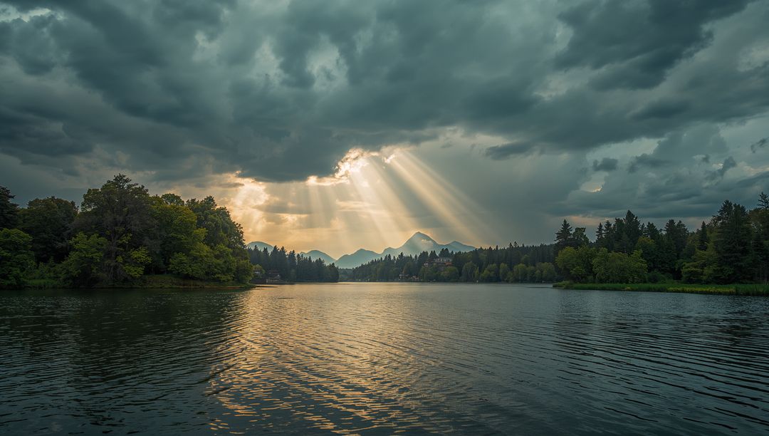 Sunlight Streams Through Dramatic Clouds Over Mountain Lake