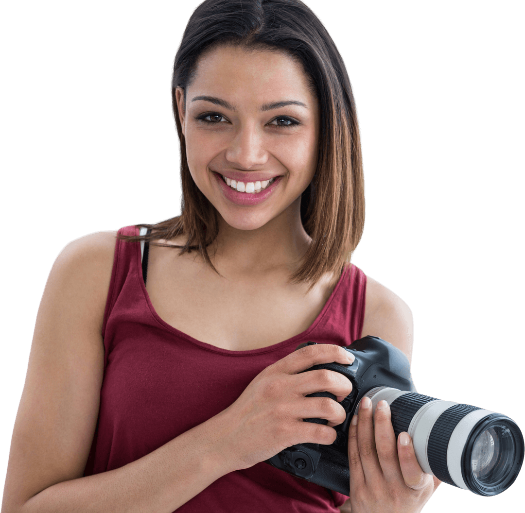 Smiling Woman Holding Camera Against Transparent Background