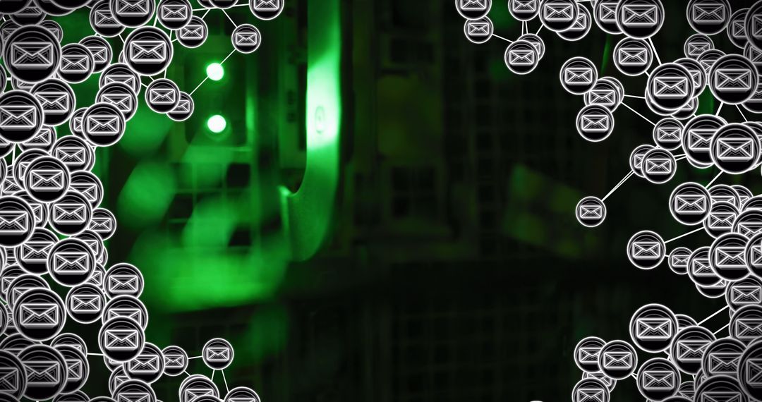 Digital Communication Network with Email Icons Over Server Room