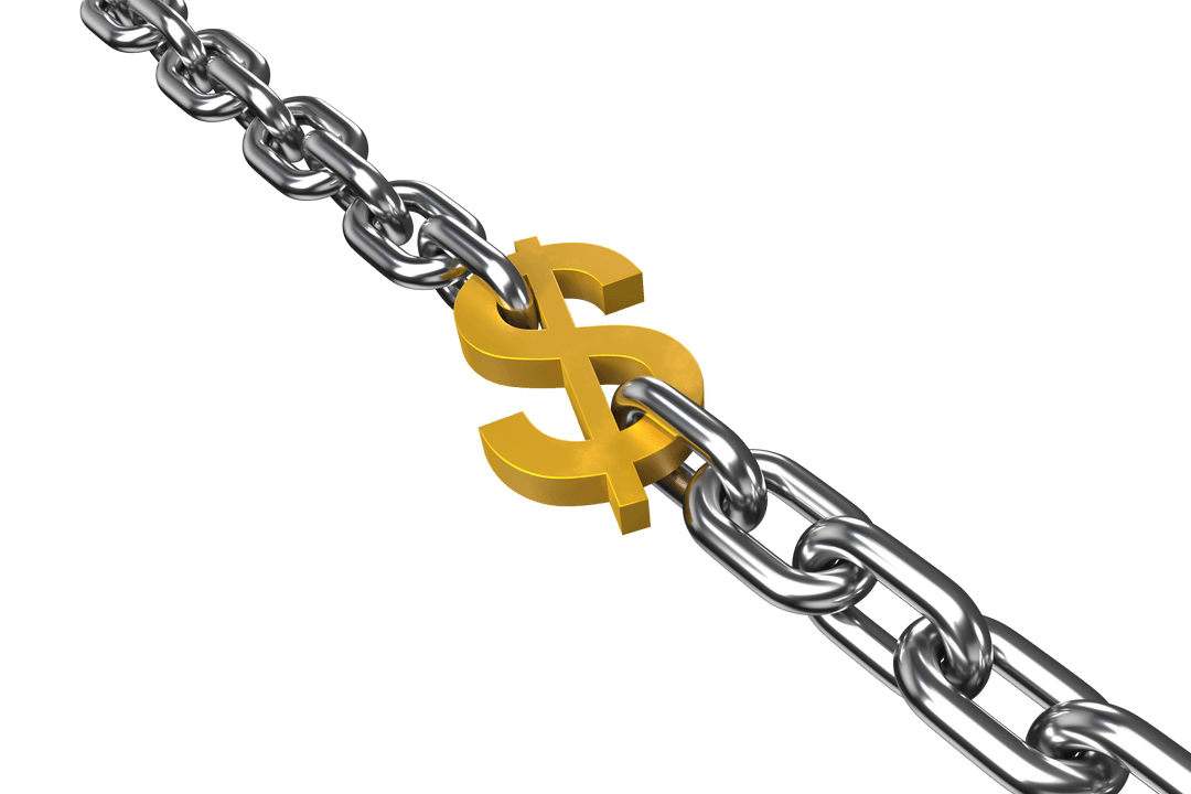 Metallic Chains Connected to Golden Dollar Sign on Transparent Background