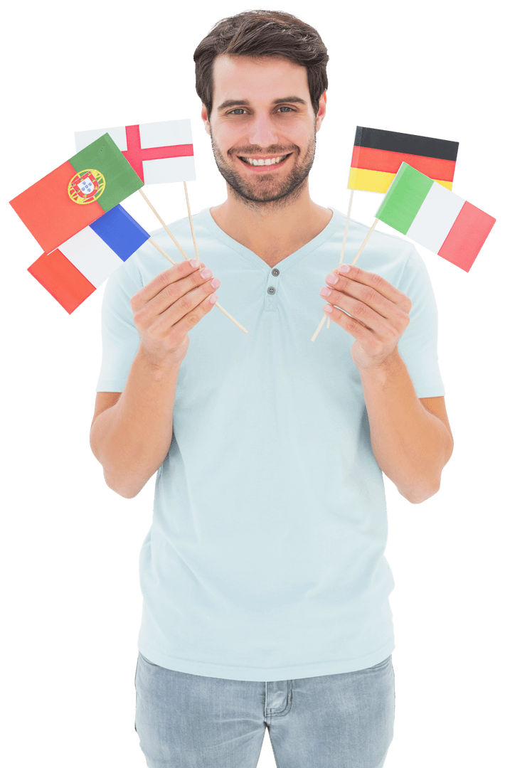 Smiling Man Holding European National Flags, Transparent Background