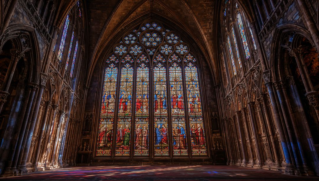Gothic Cathedral Stained Glass Casting Vibrant Light Patterns
