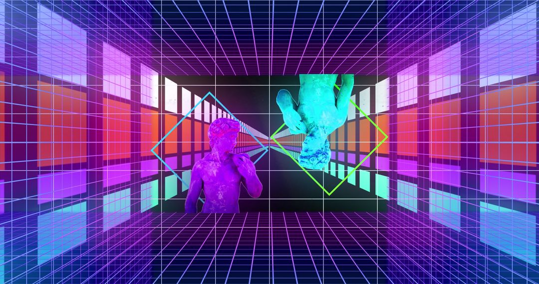 Abstract 3D Digital Grid with Neon Sculptures and Shapes