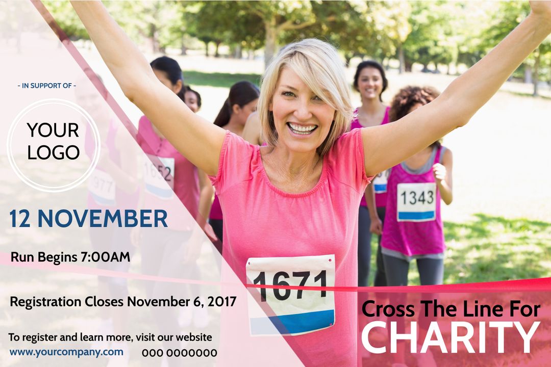 Charity Run Event Promotion with Happy Participant Celebrating