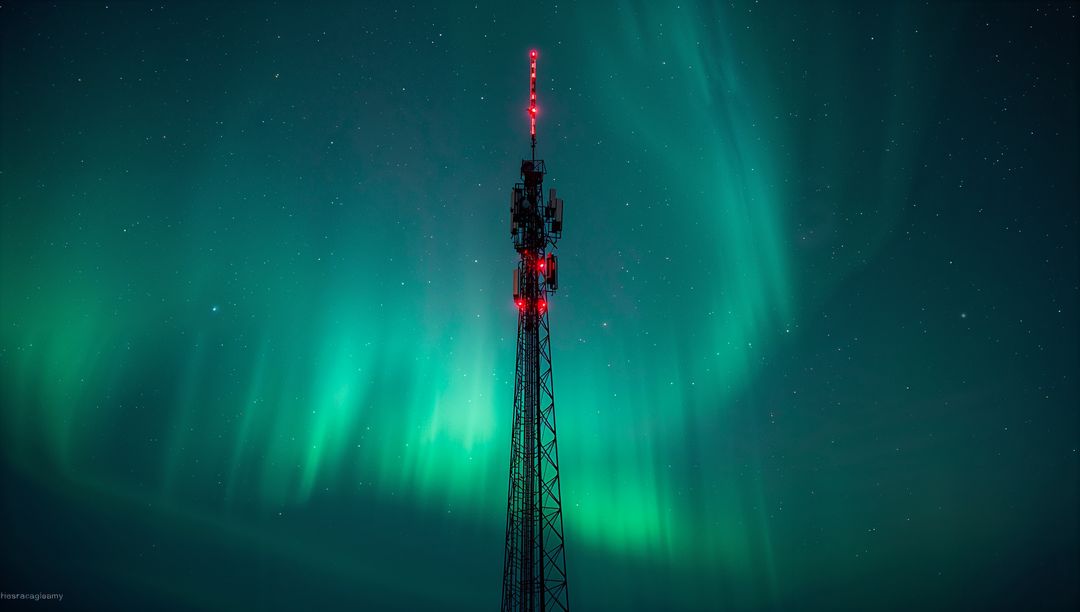 Telecom Tower Standing Under Northern Lights with Red Aviation Beacons and Starry Sky