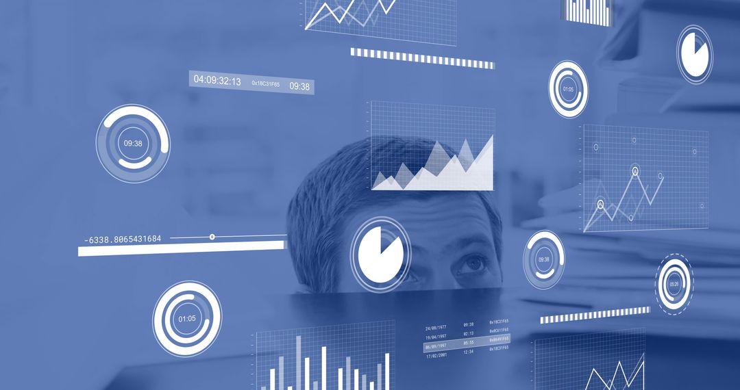 Mid-Adult Man Peeking Over Monitor Observing Futuristic Data Dashboard HUD