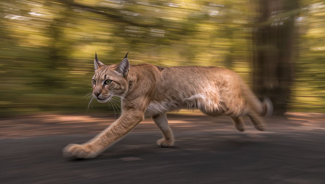 Running tufted-eared wildcat sprinting along blurred sunlit forest trail