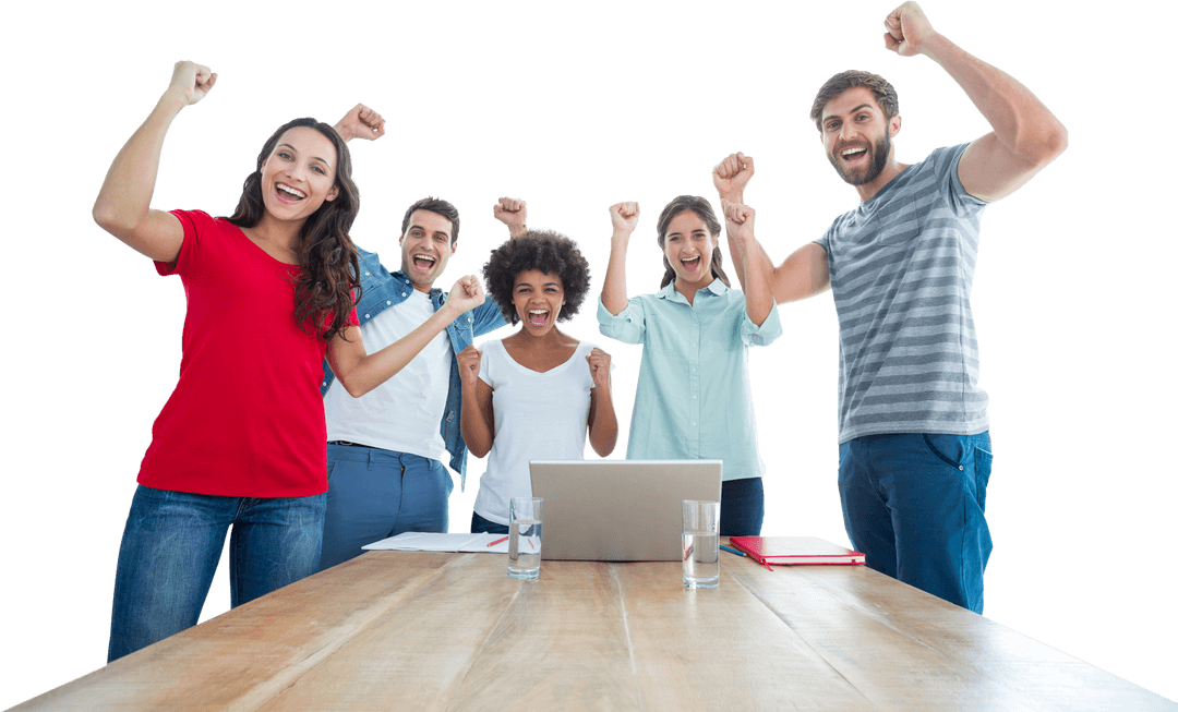 Diverse Team Celebrating Success with Raised Fists Transparent