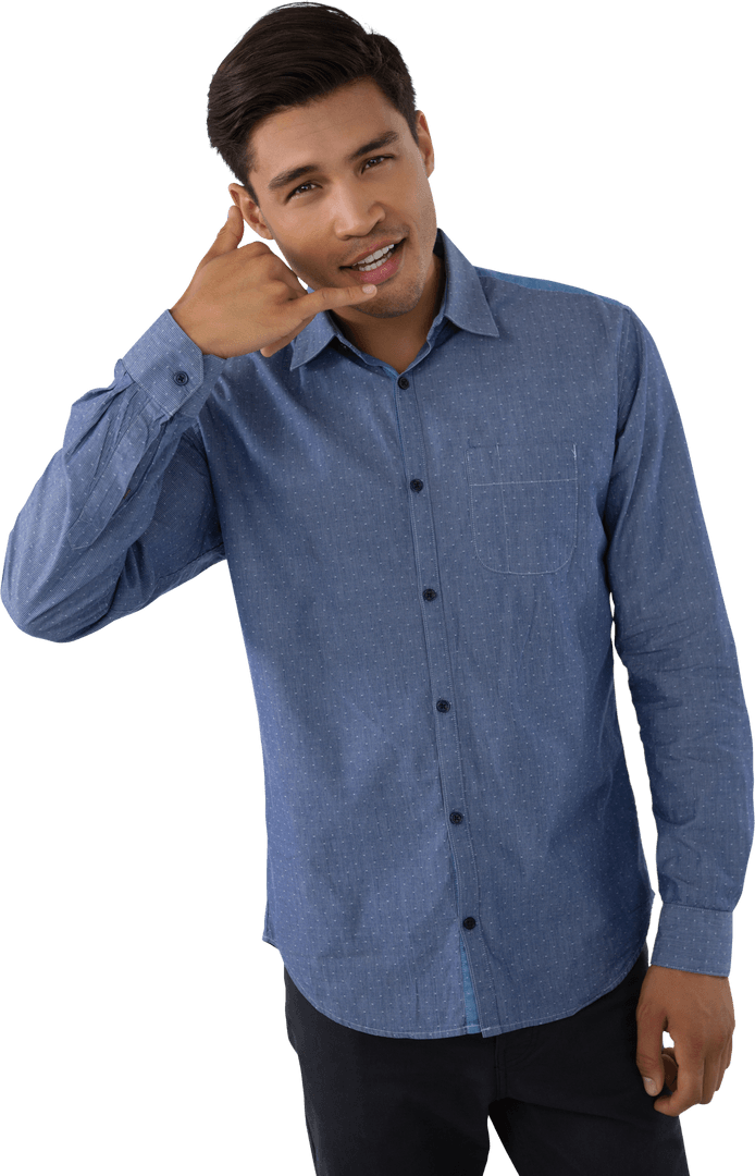 Confident Man Making Call Me Gesture Transparent Background
