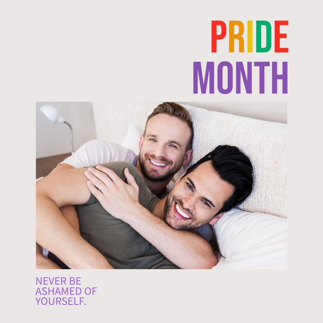 Joyful LGBTQ Couple Celebrating Pride Month with Smiles and Embraces