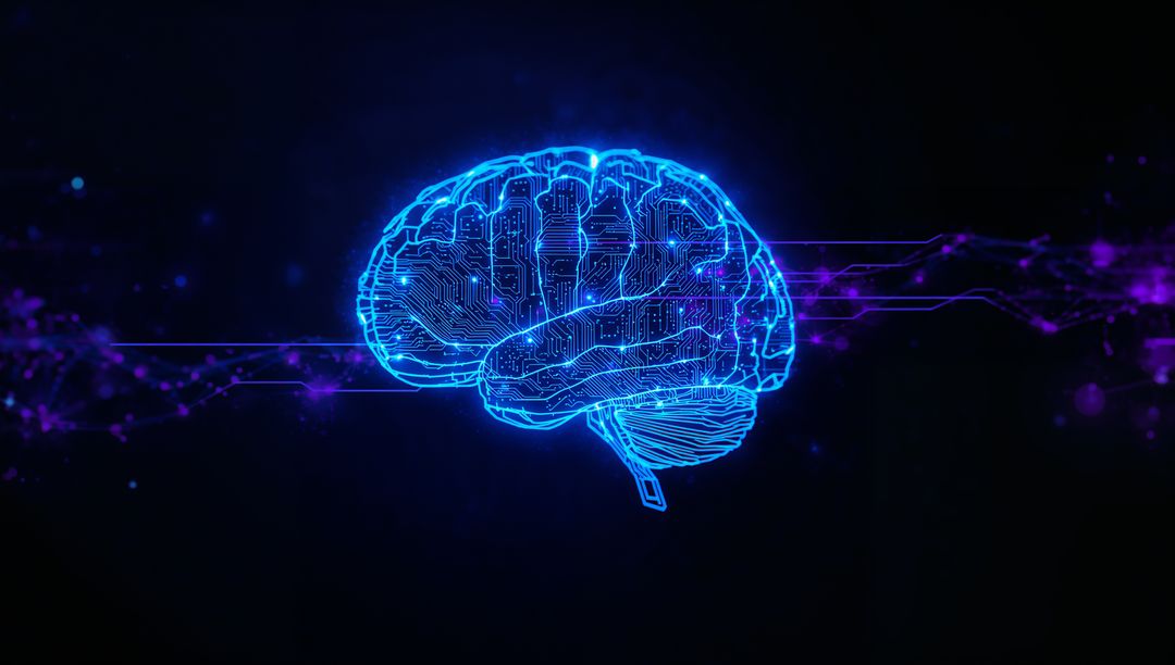 Glowing Cybernetic Brain with Digital Circuitry