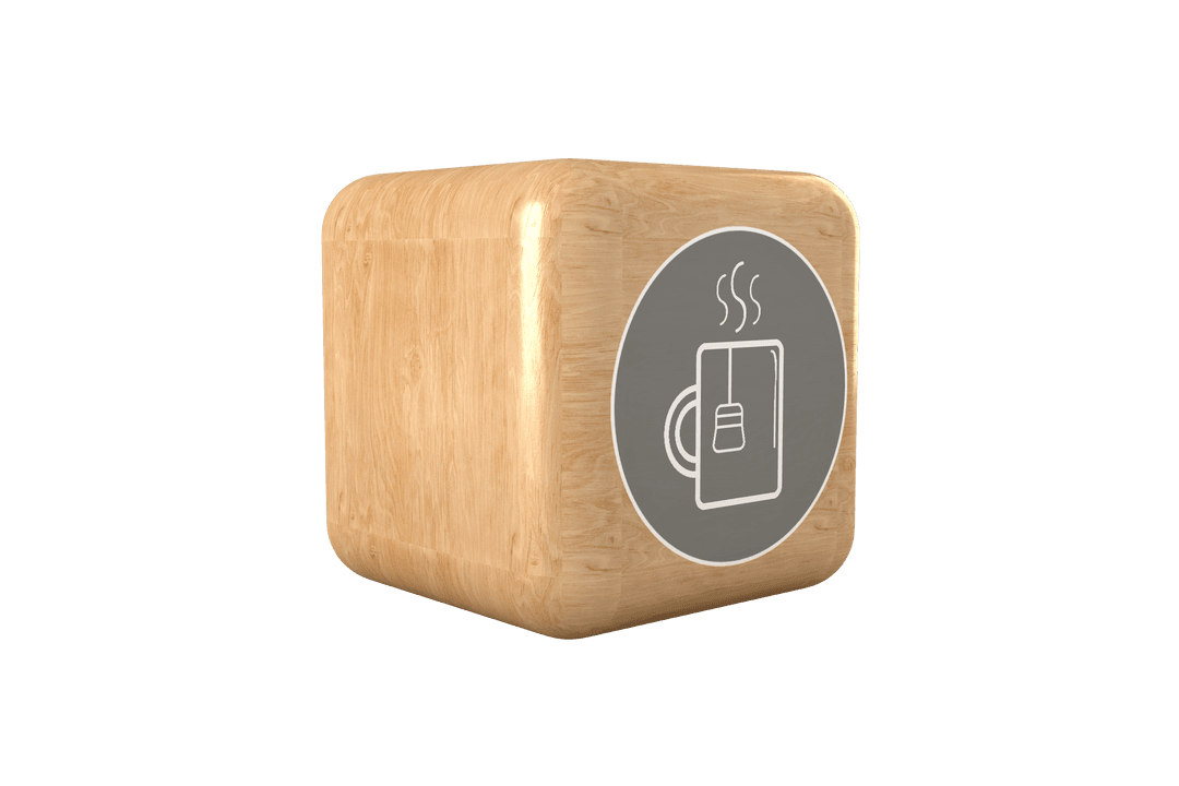 Wooden Cube with Cup of Tea Illustration on Transparent Background