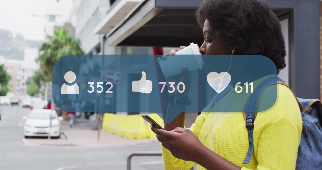 Young Woman Enjoying Coffee While Engaging on Mobile in Urban Setting