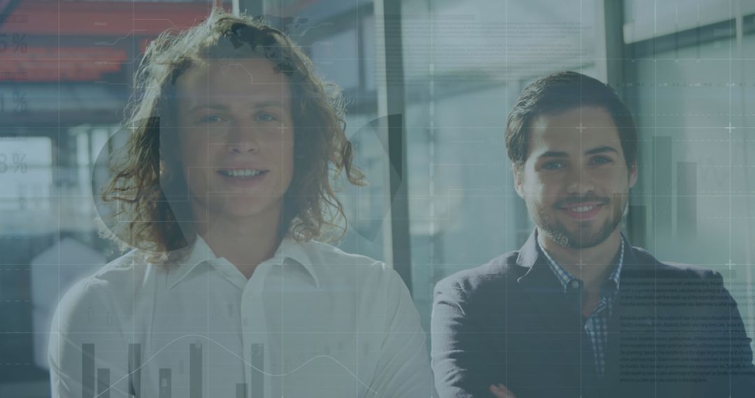 Smiling Businessmen with Digital Statistical Overlay in Modern Office