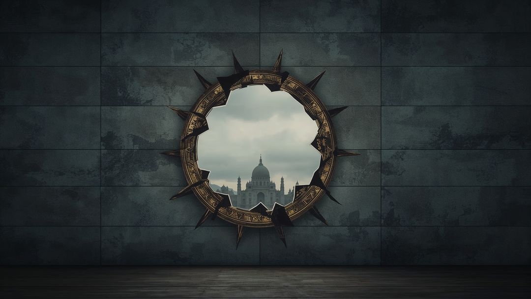 Mysterious Portal with Spikes Opening to Cathedral Skyline