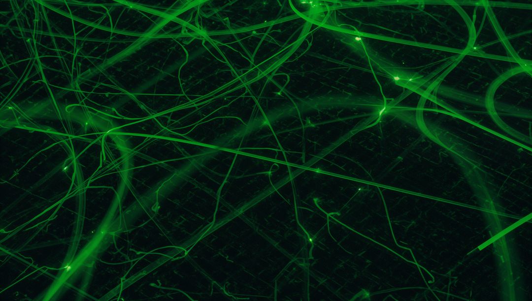 Glowing Green Arcs Crossing Digital Interface with Futuristic Nodes