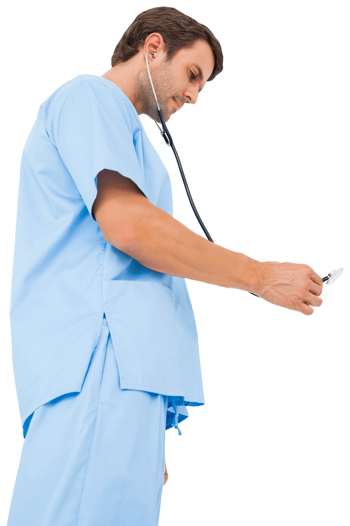 Transparent Doctor in Blue Scrubs Examining with Stethoscope