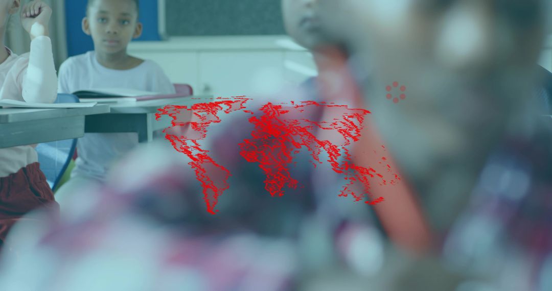 Leaning Student in Red Plaid Shirt, Blurred Foreground, Red World Map Overlay in Classroom
