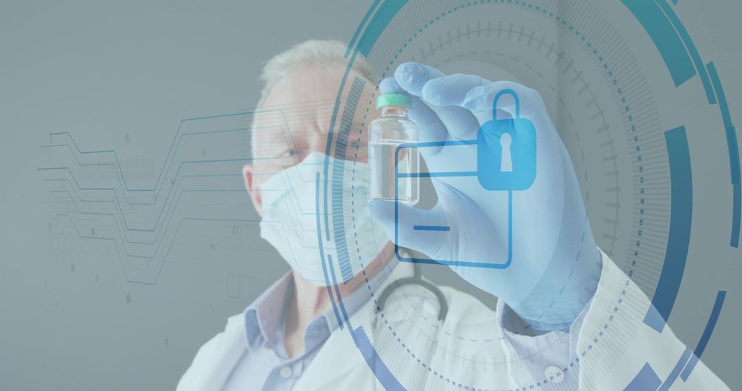 Senior Doctor Displaying Vaccine Vial with Digital Security Interface