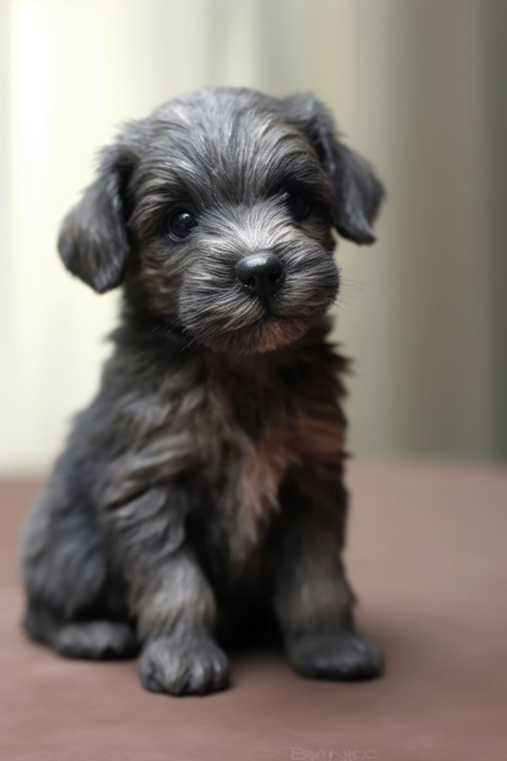 Portrait of cute grey puppy with dark eyes lying on sitting, created using generative ai technology - Free Images, Stock Photos and Pictures on Pikwizard.com