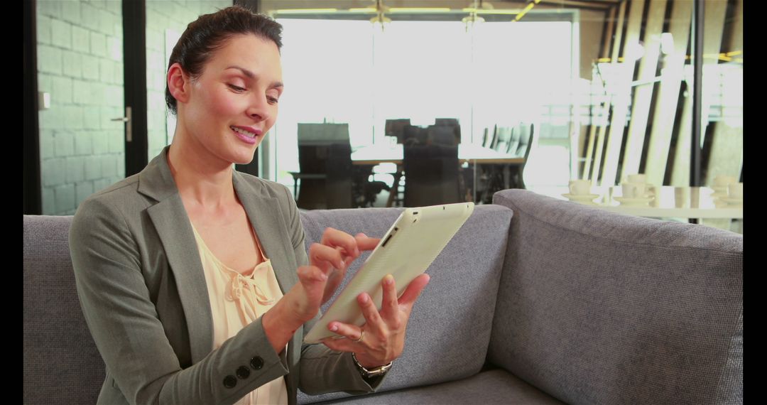 Businesswoman Using Tablet in Modern Office Lounge - Free Images, Stock Photos and Pictures on Pikwizard.com