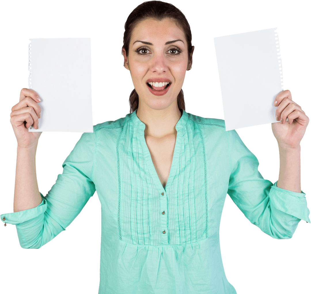 Smiling Woman Holding Blank Papers on Transparent Background