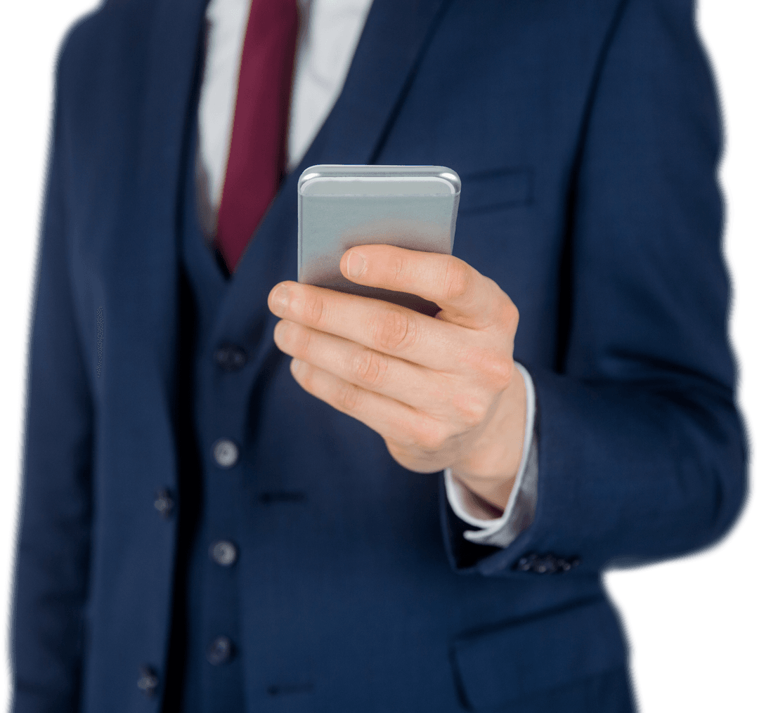 Transparent Businessman in Suit Holding Smartphone Device
