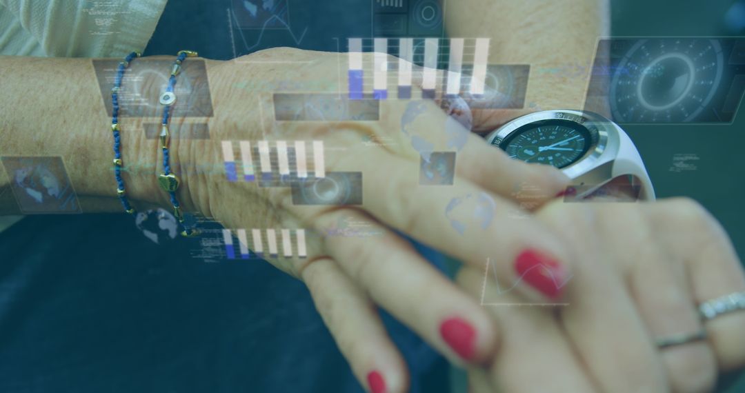Woman Engaging with Smartwatch and Digital Data Interface