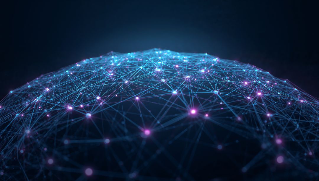 Neon network sphere glowing with interconnected cyan and magenta nodes, digital mesh