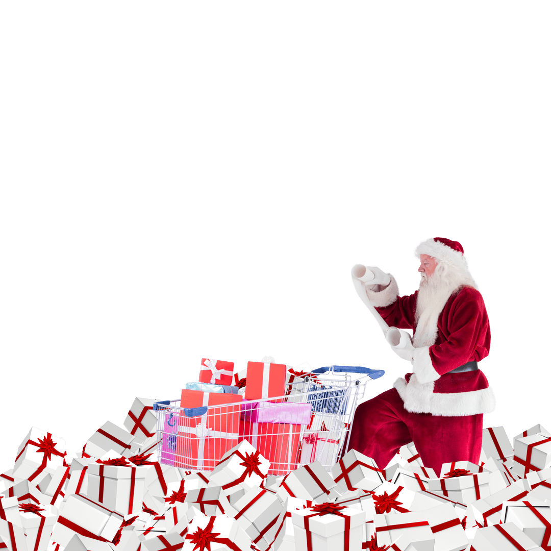 Transparent Santa Checking List with Cart Full of Presents